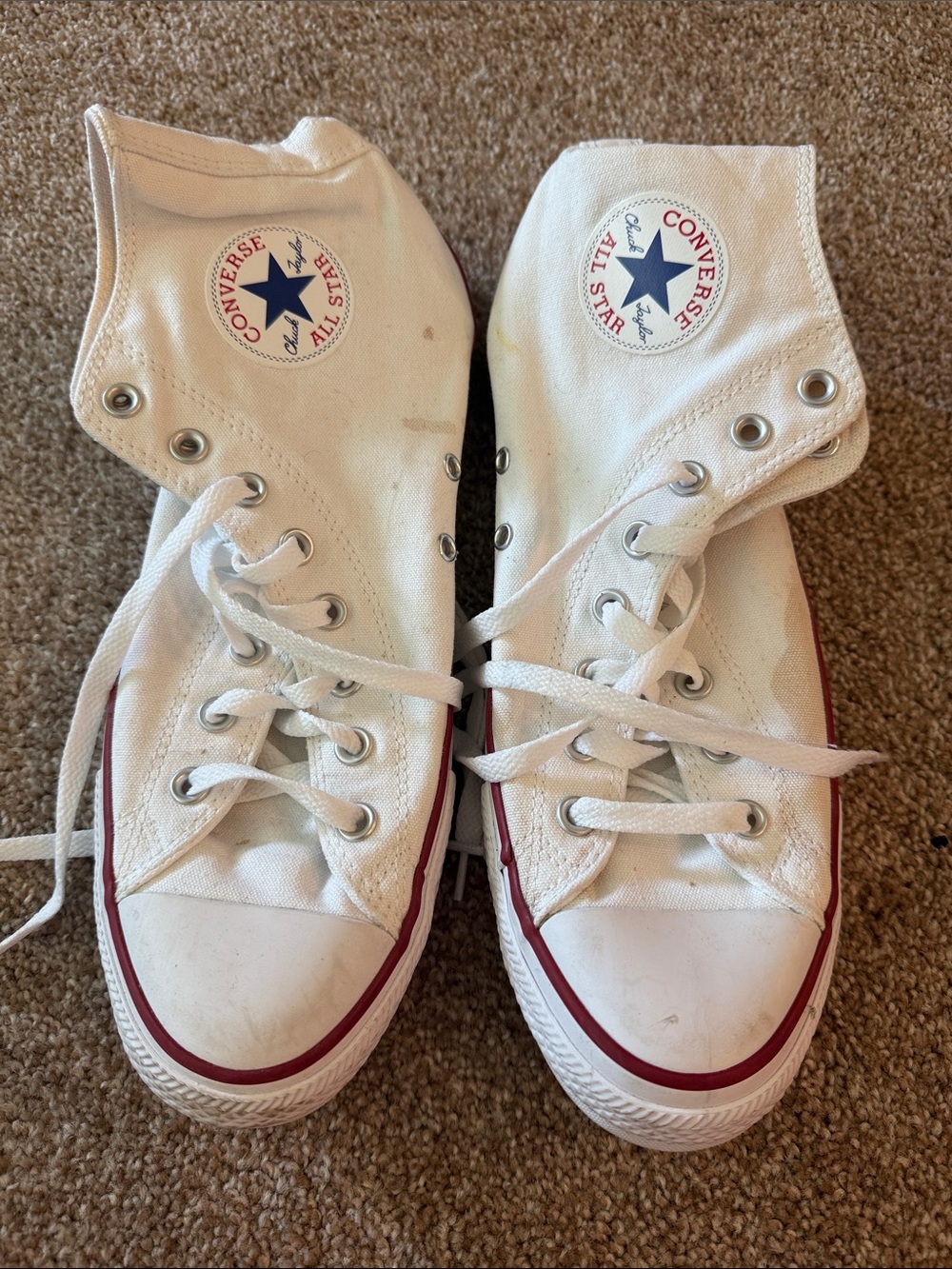 Converse White Canvas High Top Sneakers with Red and Navy Accents